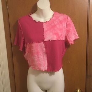Shein Pink Patchwork Tie Dye Lettuce Trim Ribbed Cropped Top Shirt XL